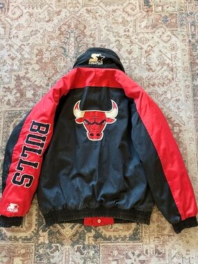 Vintage Black STARTER Chicago Bulls Black and Red Varsity Jacket